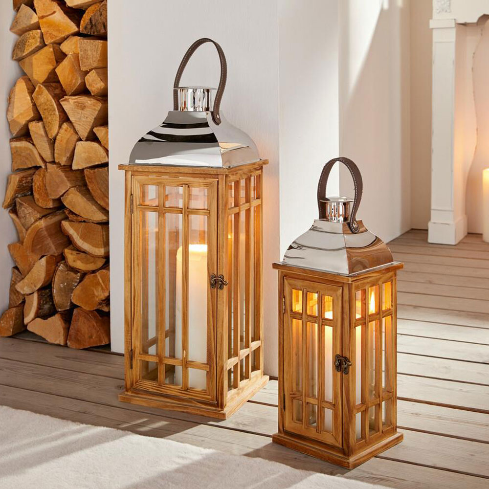 DARO DEKO Holz-Laterne mit Kerzenglas und Seil-Griff S Ø 14 x 19cm